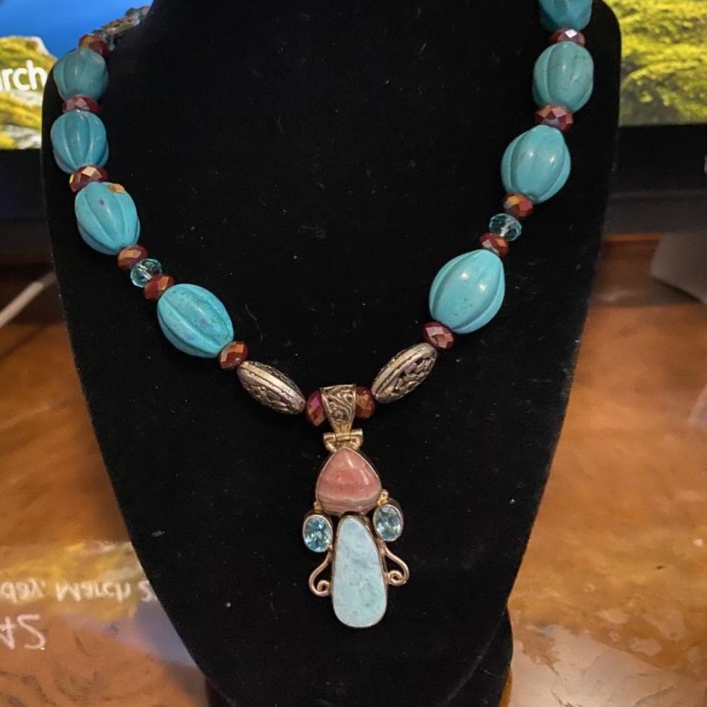 CUSTOM BLUE/BROWN STONE NECKLACE WITH RED AGATE